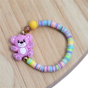 Hand Crafted Pink Bear Beaded Bracelet Colorful Clay Stretch Size Approx 6"